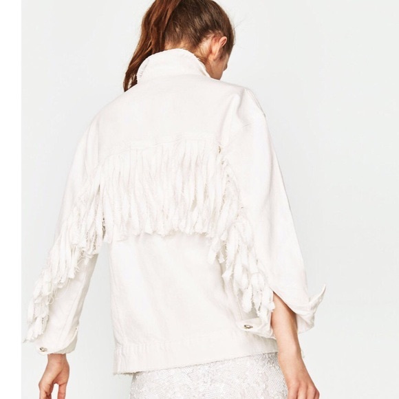 Zara White Fringe Denim Jacket 